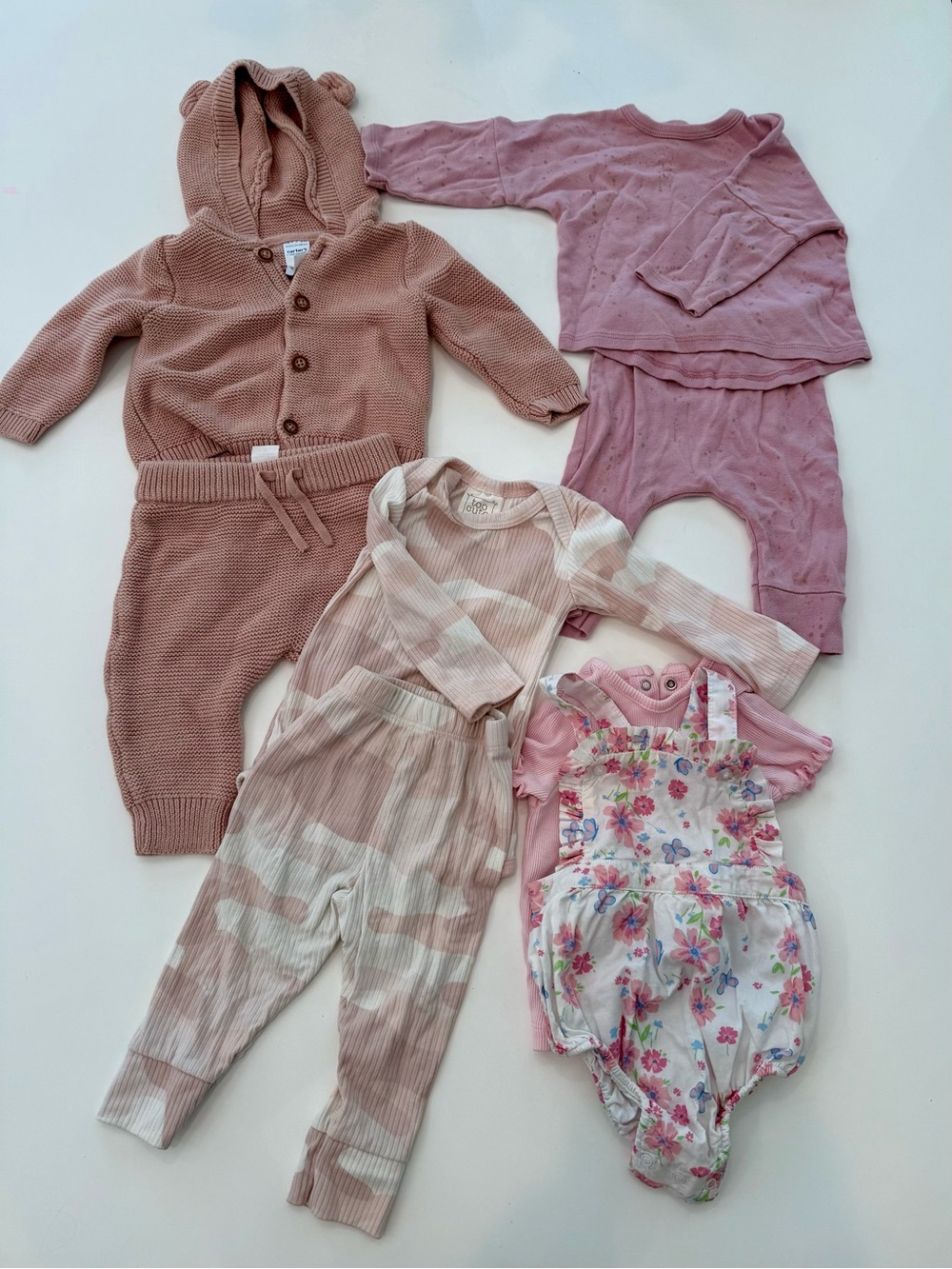 Pink Bundle 6 months- Knit Hoodie set, pants sets, Floral Romper
